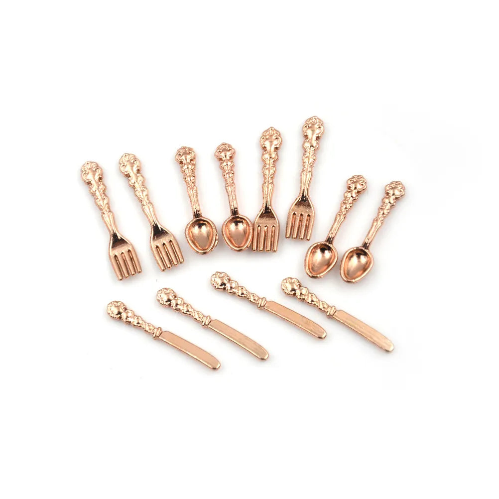 12-Pc 1:12 Dollhouse Miniature Metal Tableware | Fork Knife Spoon Dollhouse Miniature Set QXL