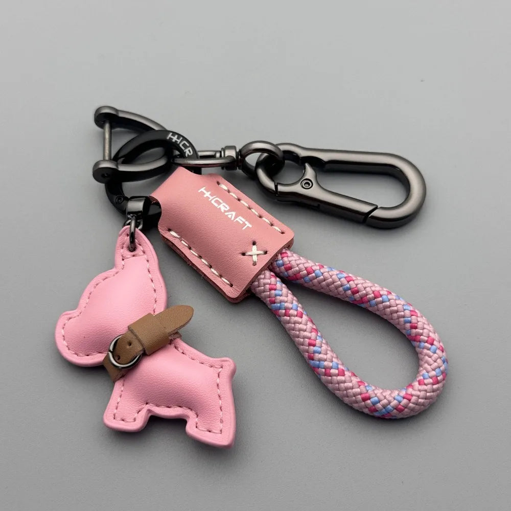 French Bulldog Genuine Leather Keychain with Braided Rope Novelty Keychain QXL
