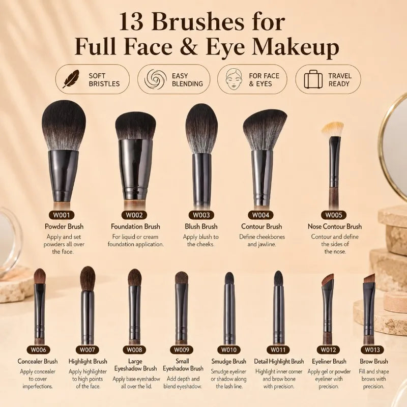 13-Pc Wooden Handle Makeup Brush Set with Storage Pouch Makeup Brush Set QXL