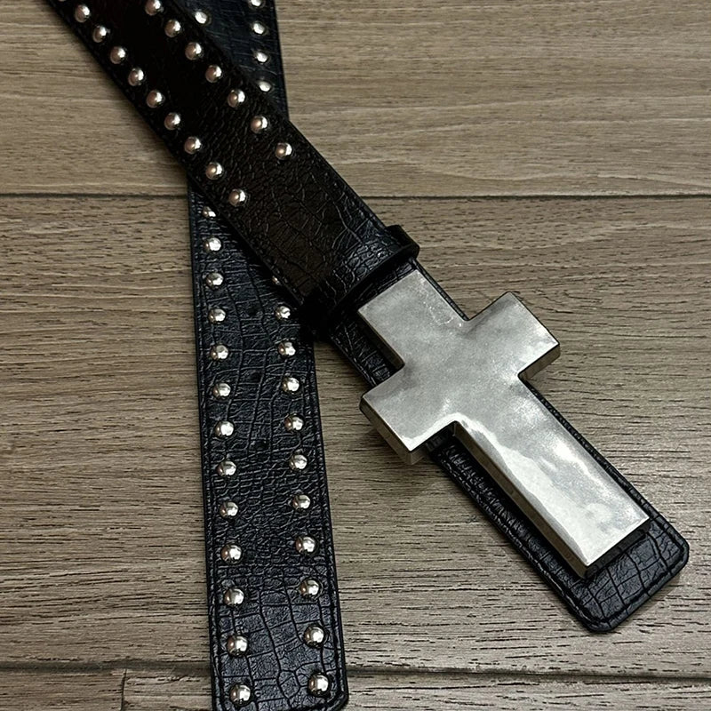 Gothic Punk Crackle Studded Cross Belt | Women's PU Wide Band Gothic Studded Belt QXL