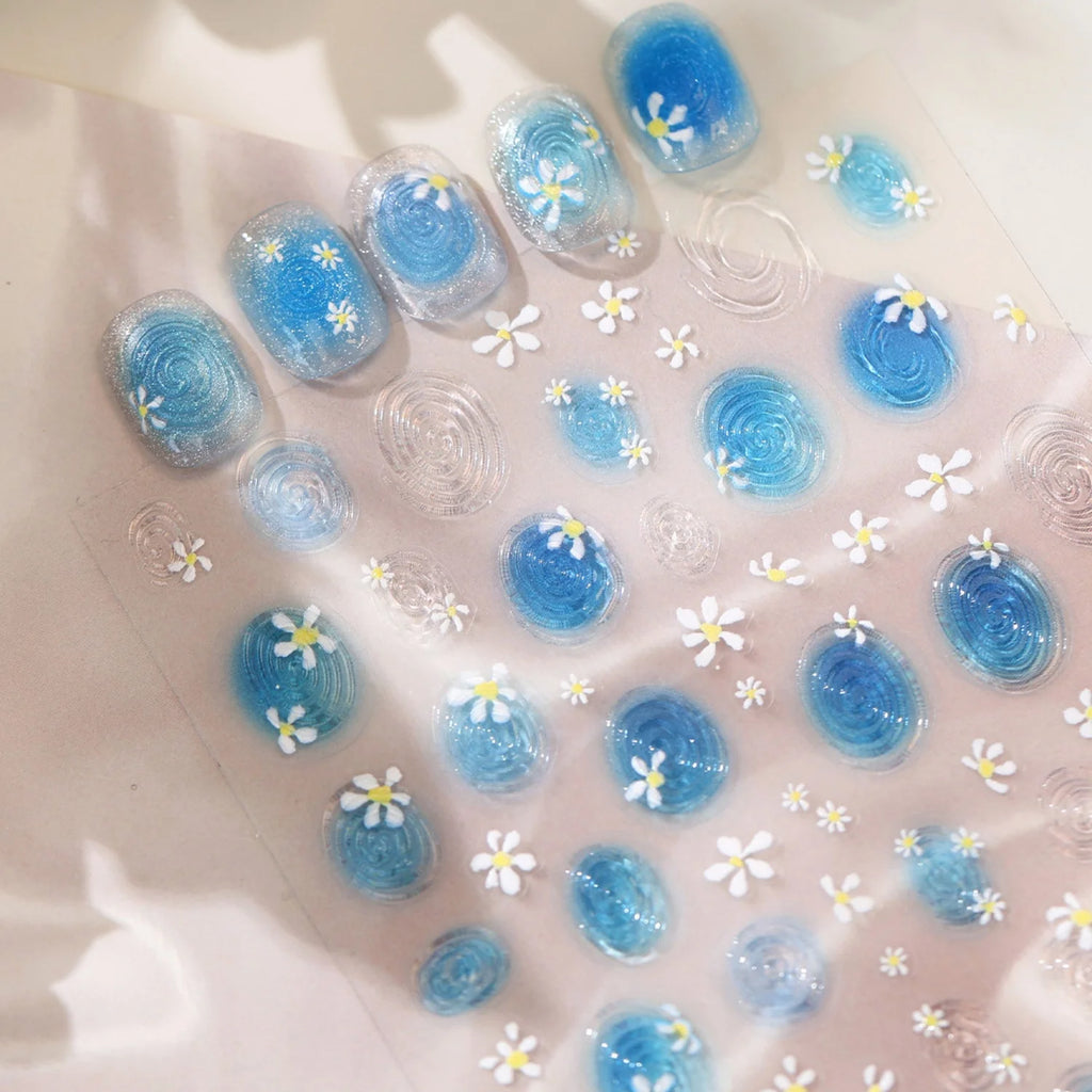 5D Summer Nail Stickers – Water Ripple & Daisy Beach Decals Nail Art Stickers QXL