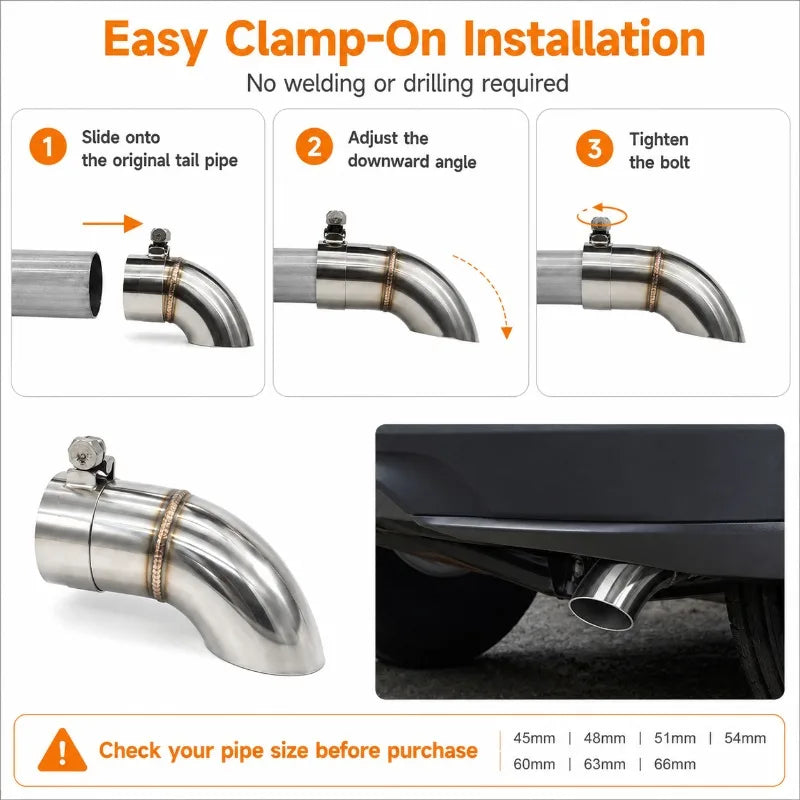 Downturned Exhaust Tip Stainless Steel Clamp-On 45–66mm Exhaust Tail Tip QXL