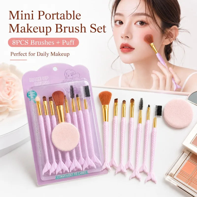 8-Pc Mini Mermaid Tail Makeup Brush Set with Powder Puff Makeup Brush Set QXL