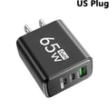 65W GaN Fast Charger 3-Port USB-C PD 3.0 & QC 3.0 Adapter GaN Wall Charger QXL Black US Plug