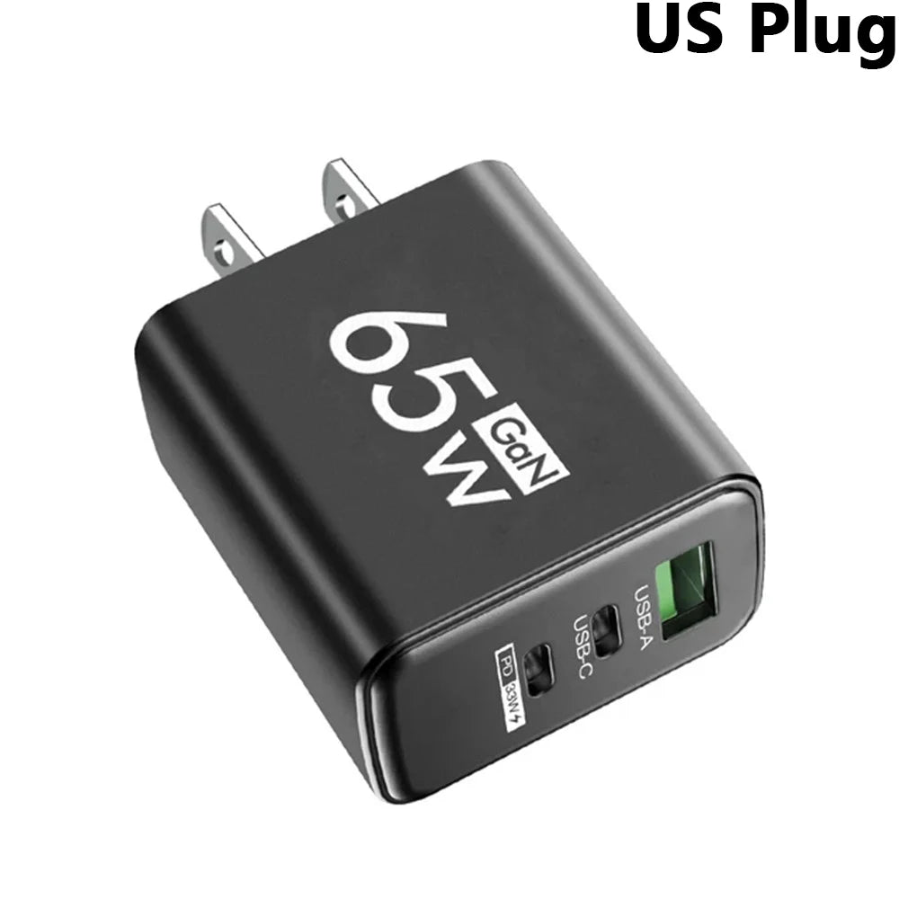 65W GaN Fast Charger 3-Port USB-C PD 3.0 & QC 3.0 Adapter GaN Wall Charger QXL Black US Plug