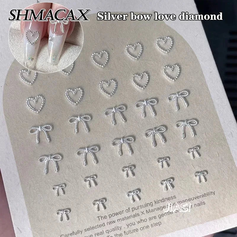 10-Pack 3D Alloy Bow & Heart Nail Art Charms | Silver Metal Nail Art Charms QXL