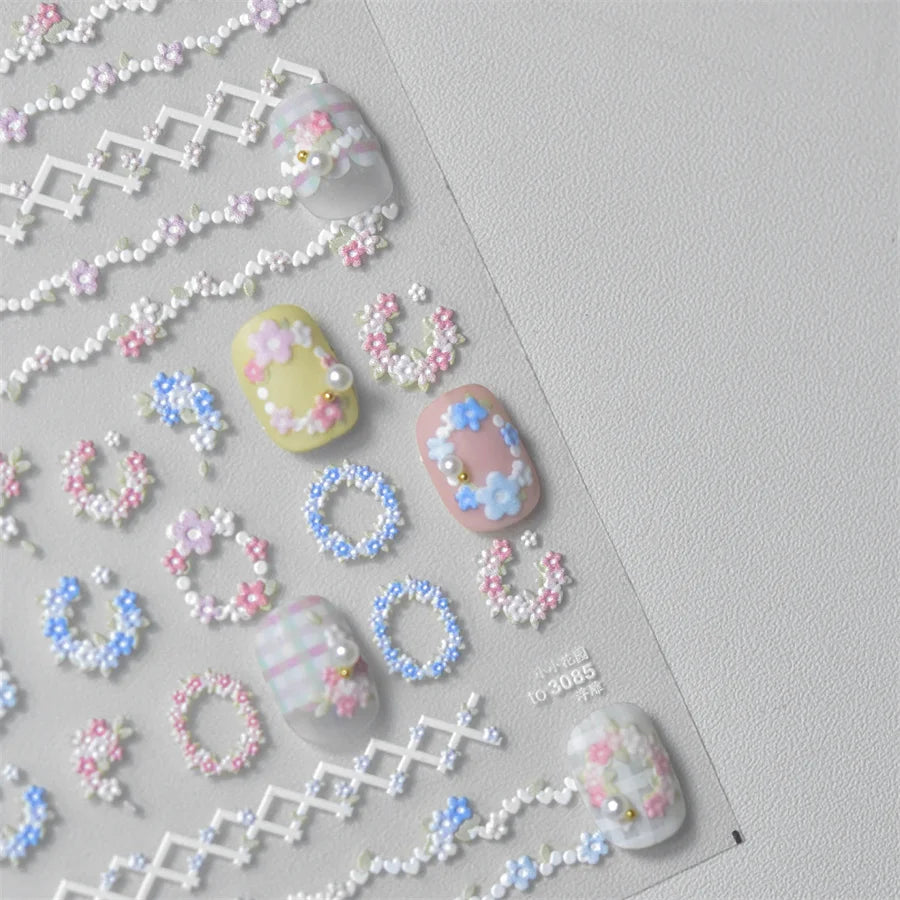 5D Relief Flower Wreath Nail Art Stickers | Japanese Gradient Nail Art Stickers QXL