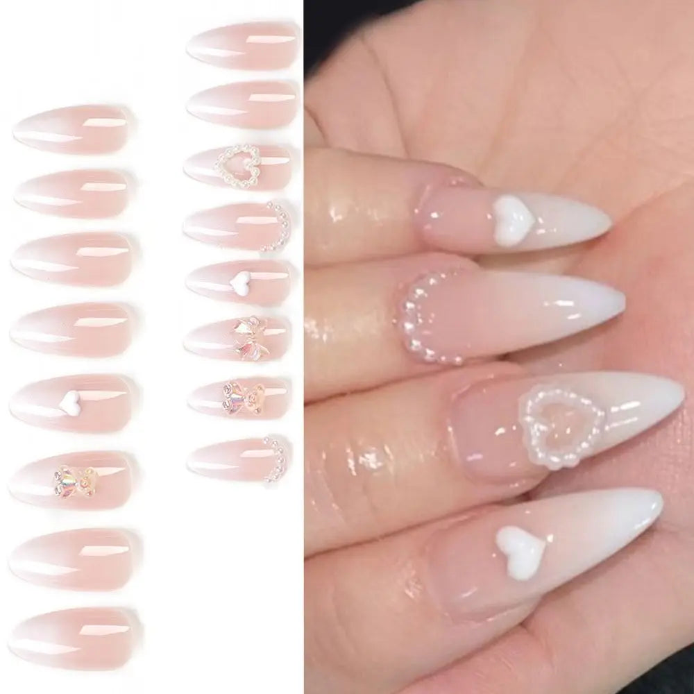 Long Almond Press-On Nails | Y2K French Heart Bow Pearl Set Press-On Nail Set QXL