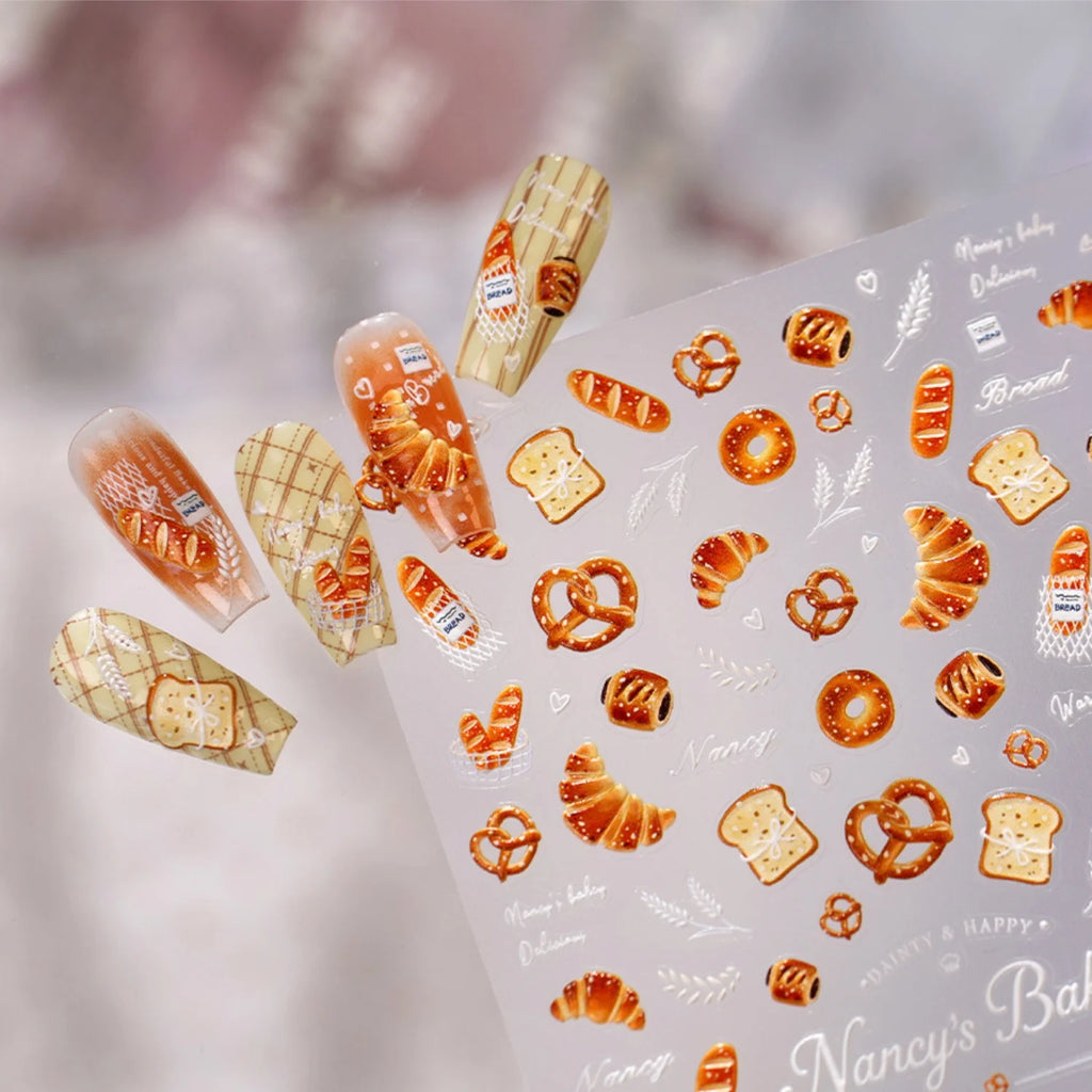 5D Embossed Bakery Nail Stickers | Croissant Food Decals Nail Art Stickers QXL