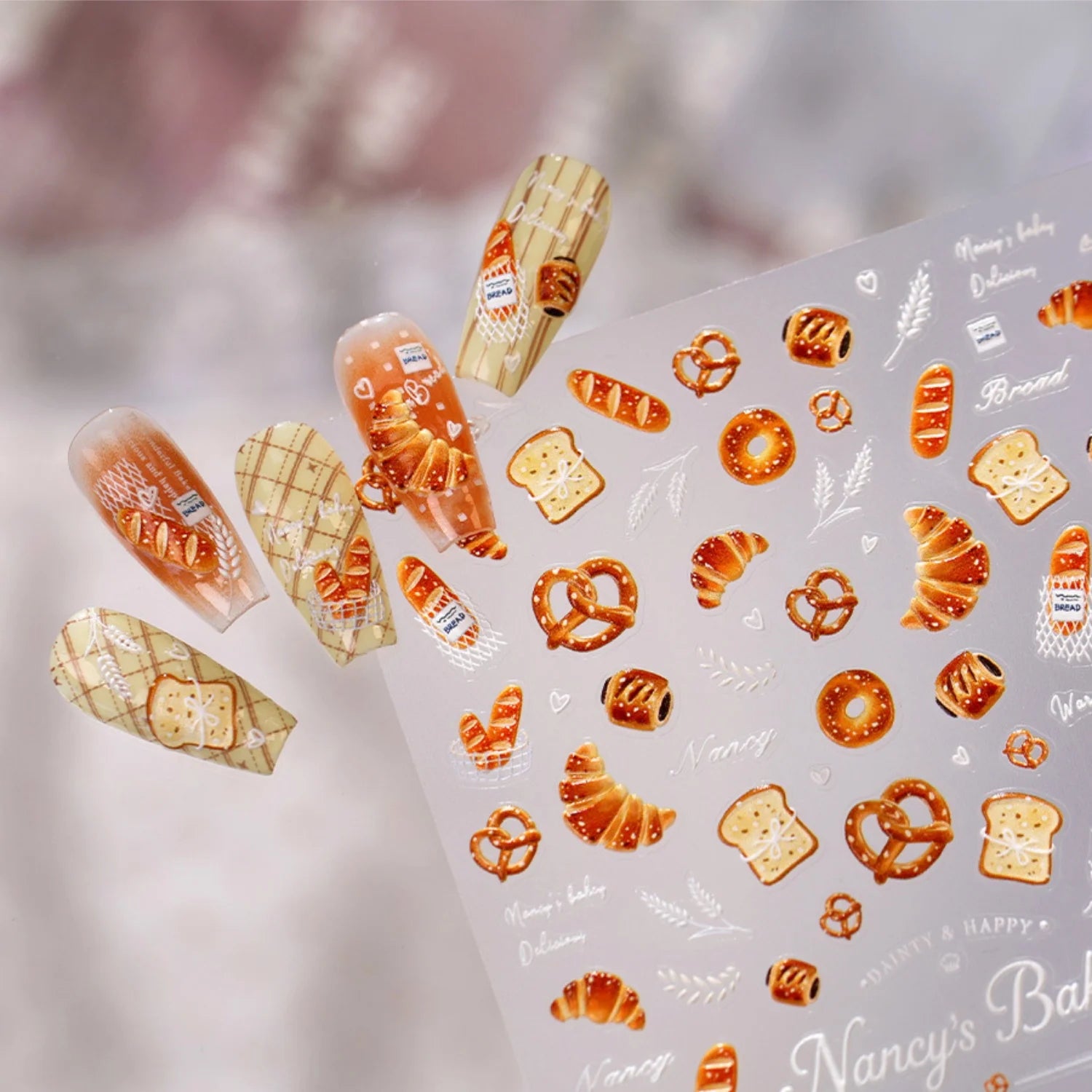 5D Embossed Bakery Nail Stickers | Croissant Food Decals Nail Art Stickers QXL