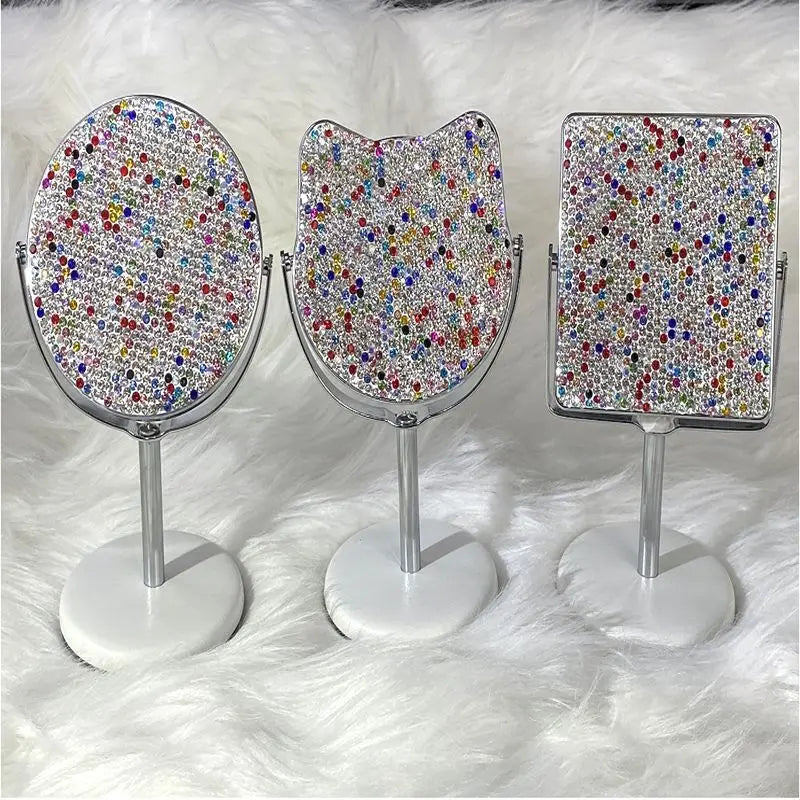 Diamond-Encrusted Mini Rotatable Desktop Makeup Mirror 14cm Desktop Makeup Mirror QXL