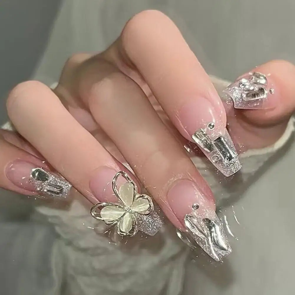 24-Pack Butterfly Pearl Press-On Nails | French Extended Tips Press-On Nail Tips QXL