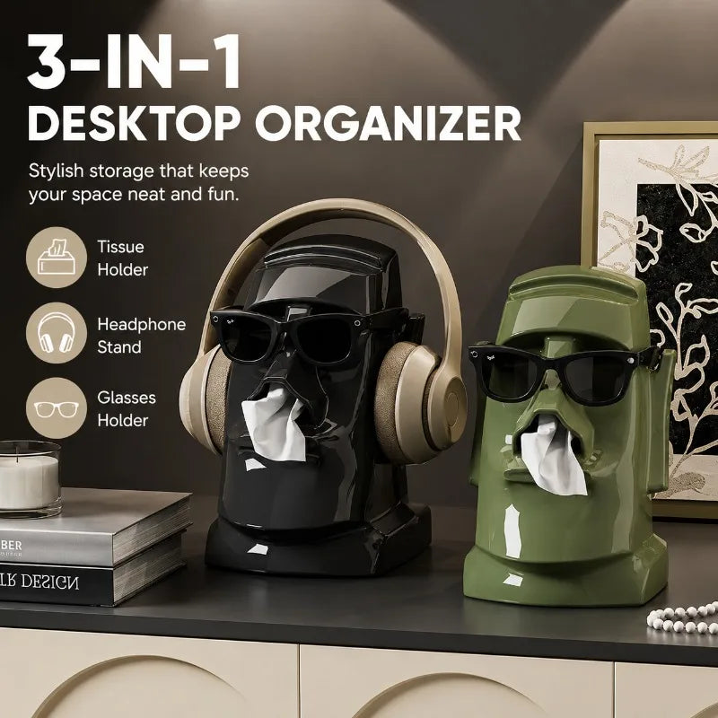 Moai Statue Tissue Box Holder | Headphone & Glasses Stand Desktop Tissue Dispenser QXL