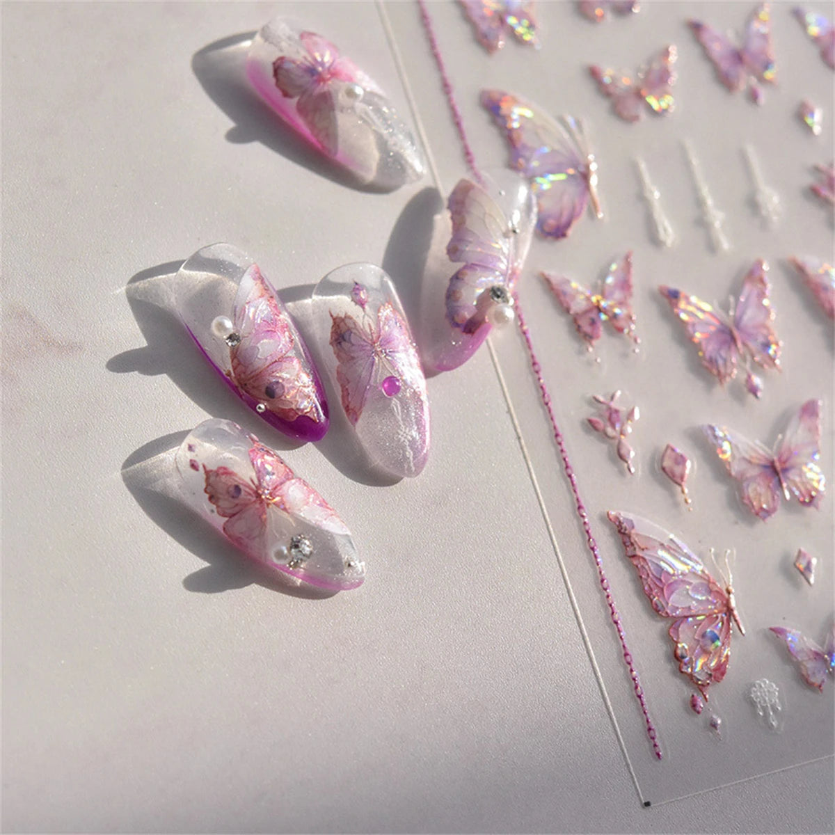 5D Laser Butterfly Nail Stickers | Kawaii Pink Blue Decals Nail Art Stickers QXL