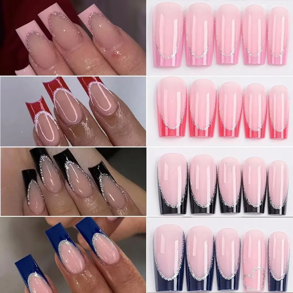 96-Pc Square Press On Nails | Silver Glitter French Style Press On Nails QXL