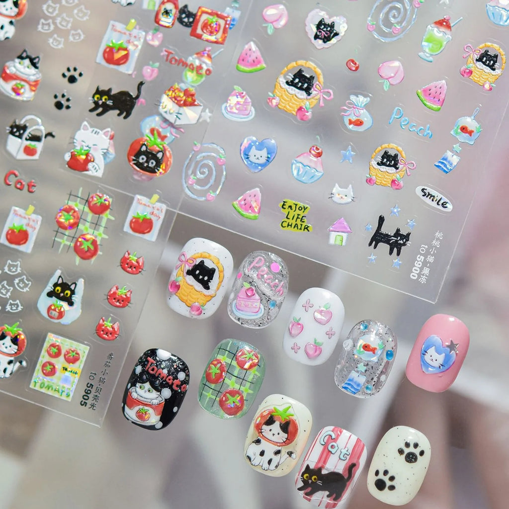5D Cartoon Nail Stickers – Peach Cat Watermelon Self-Adhesive Nail Art Stickers QXL