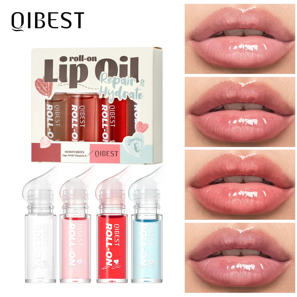 QIBEST 4-Pc Roll-On Lip Oil Set | Hydrating Clear Lip Gloss Roll-On Lip Oil Set QXL