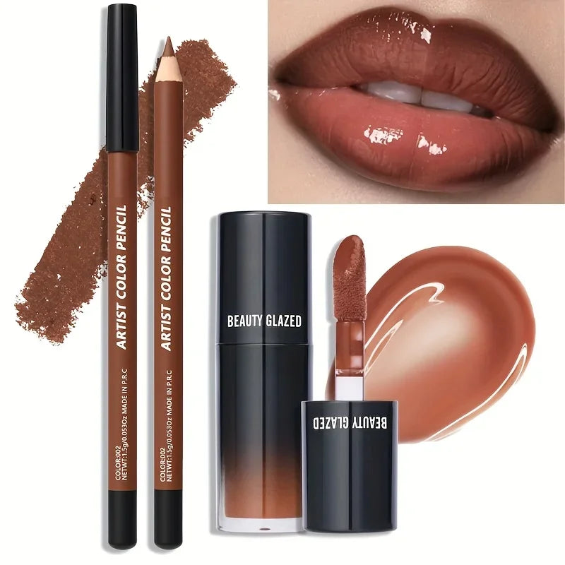 2-Pc Matte Lip Liner & Lip Oil Combo | Waterproof Brown Tinted Lip Liner & Lip Oil Set QXL