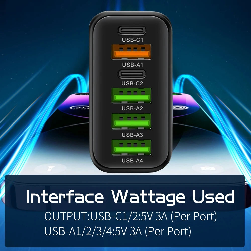 65W 6-Port USB-C Fast Wall Charger | EU & US Plug USB Wall Charger QXL