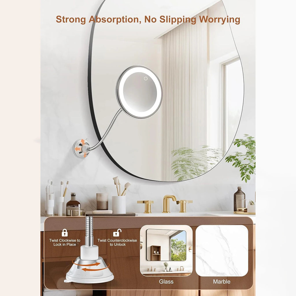 10X Magnifying Lighted Makeup Mirror | Gooseneck & Suction Cup Lighted Makeup Mirror QXL