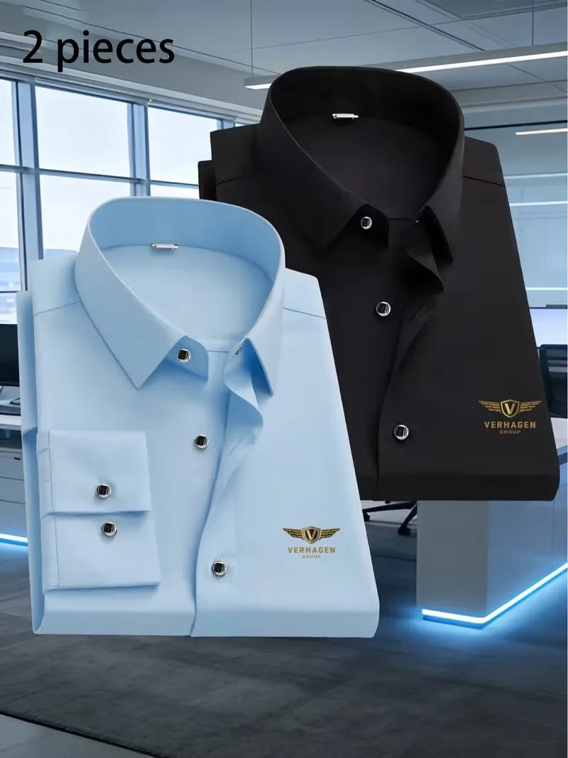 2-Pack Men's Slim Fit Long Sleeve Shirts | V Wing Print Men's Casual Shirts QXL Blue Black S