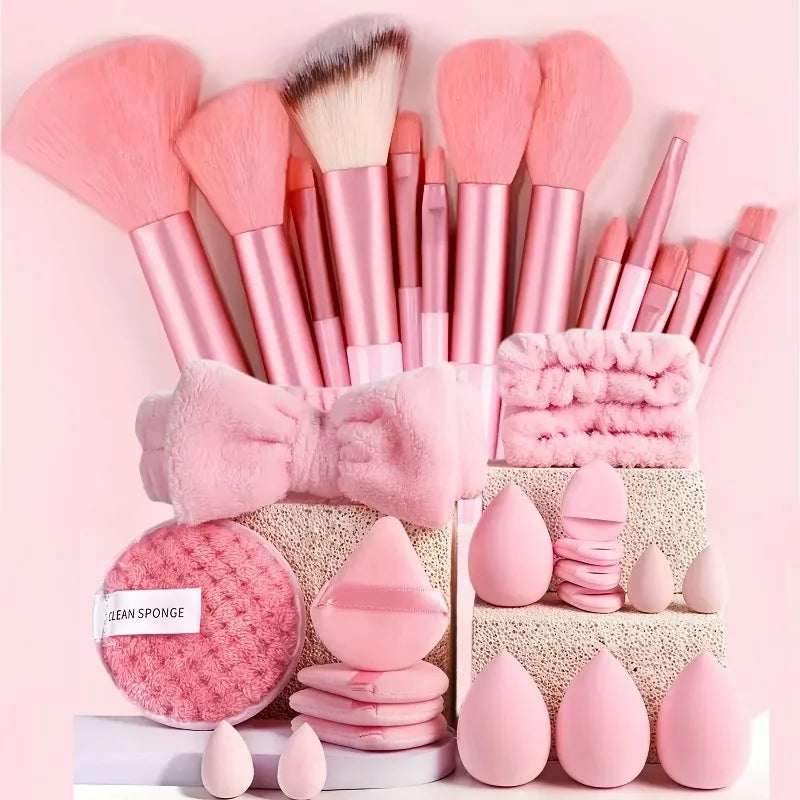 33-Pc Makeup Brush & Sponge Kit | Puffs, Headband & Wristbands Makeup Tool Set QXL