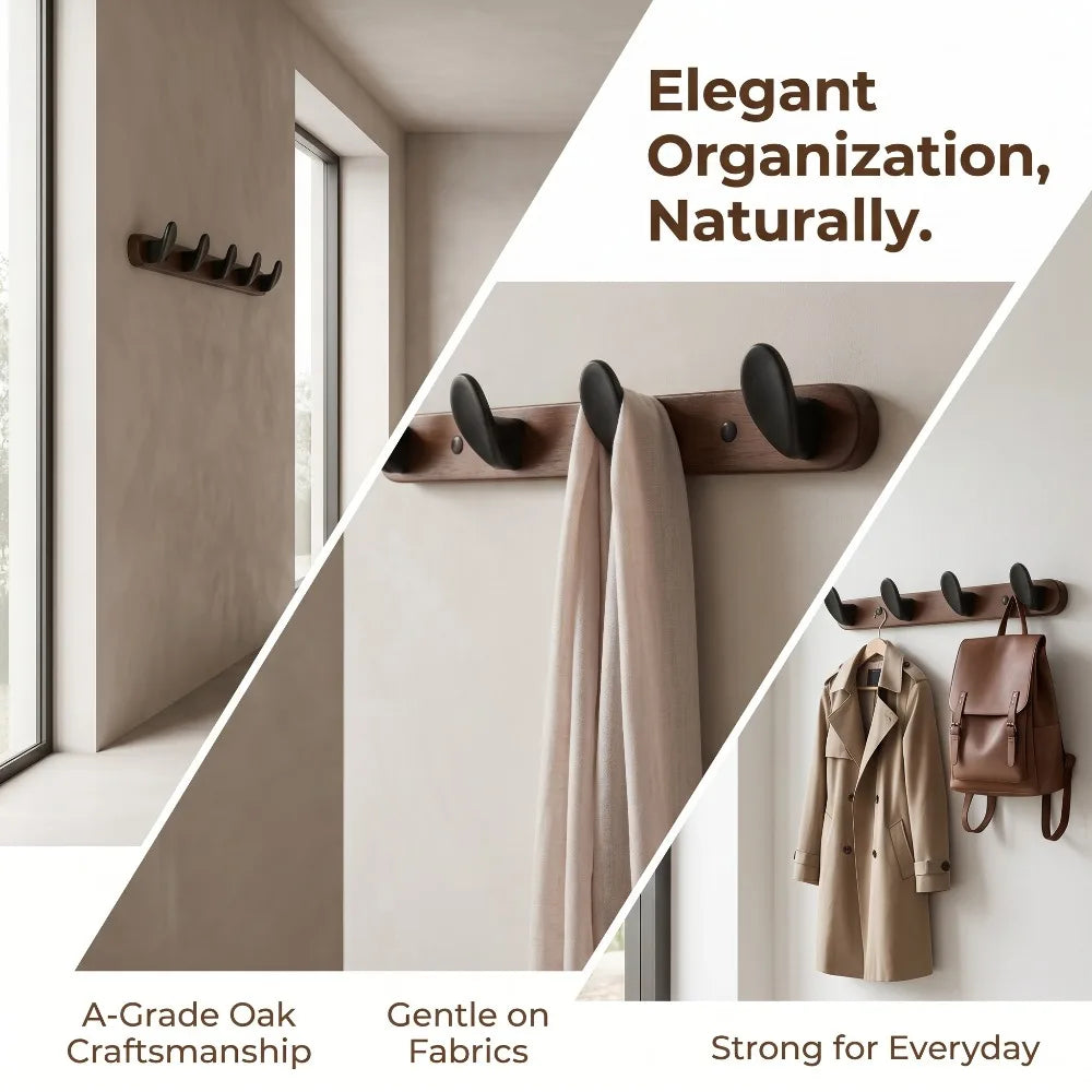 Solid Oak Wall-Mounted Coat Hook Rack | Heavy-Duty Organizer Wall Hook Rack QXL