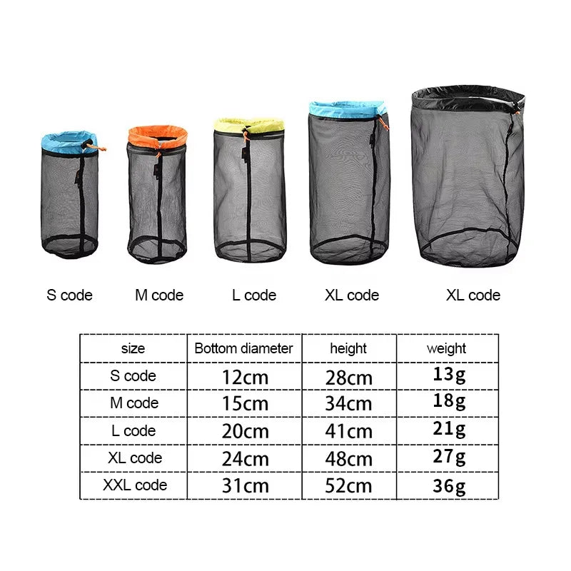 Ultralight Mesh Drawstring Stuff Sack | S–XXL Travel Organizer Mesh Stuff Sack QXL