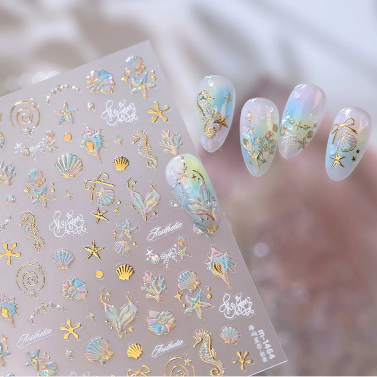 5D Golden Marine Nail Stickers – Seahorse Shell Starfish Decals Nail Art Stickers QXL