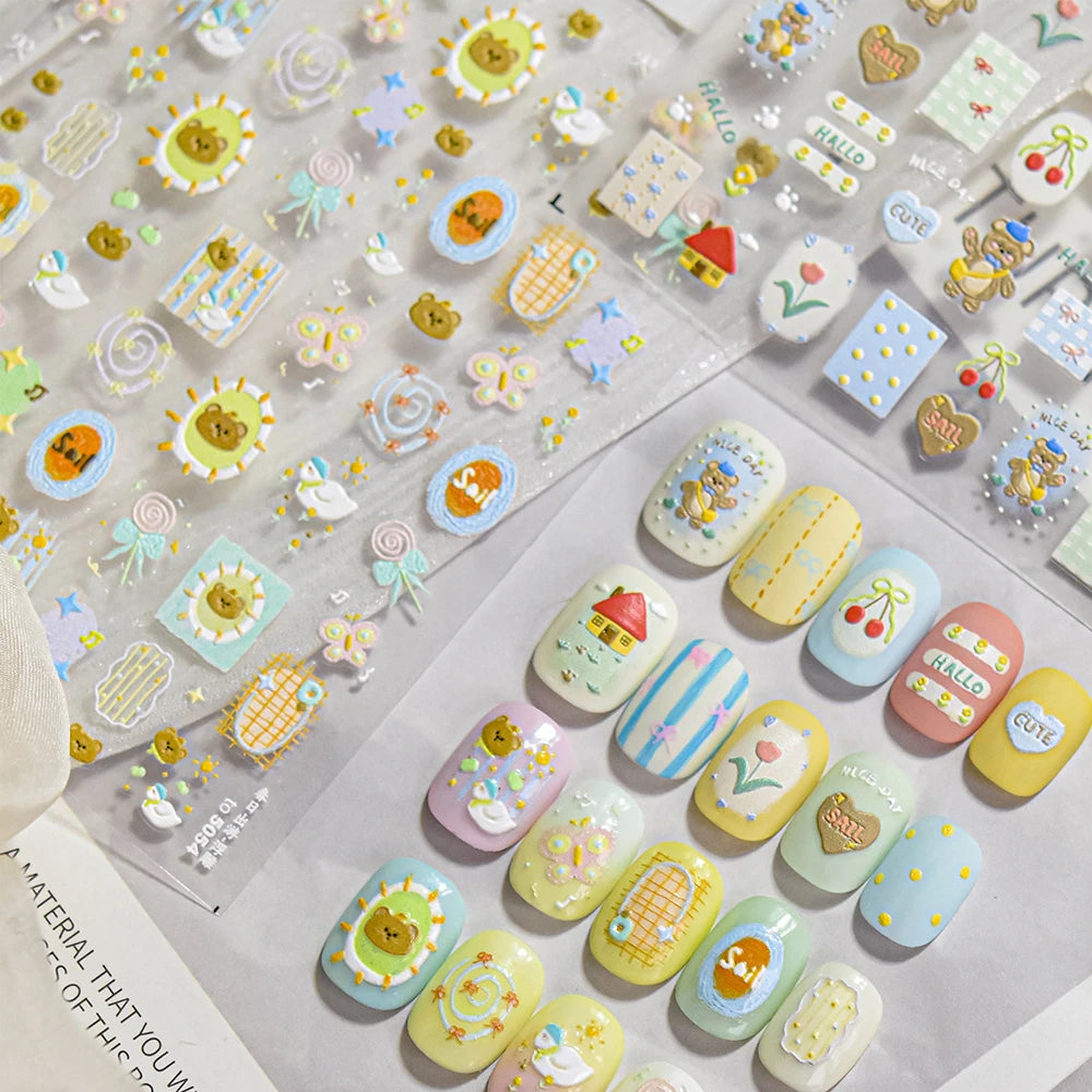 5D Spring Nail Stickers | Bear Butterfly Flower Cute Decals Nail Art Stickers QXL