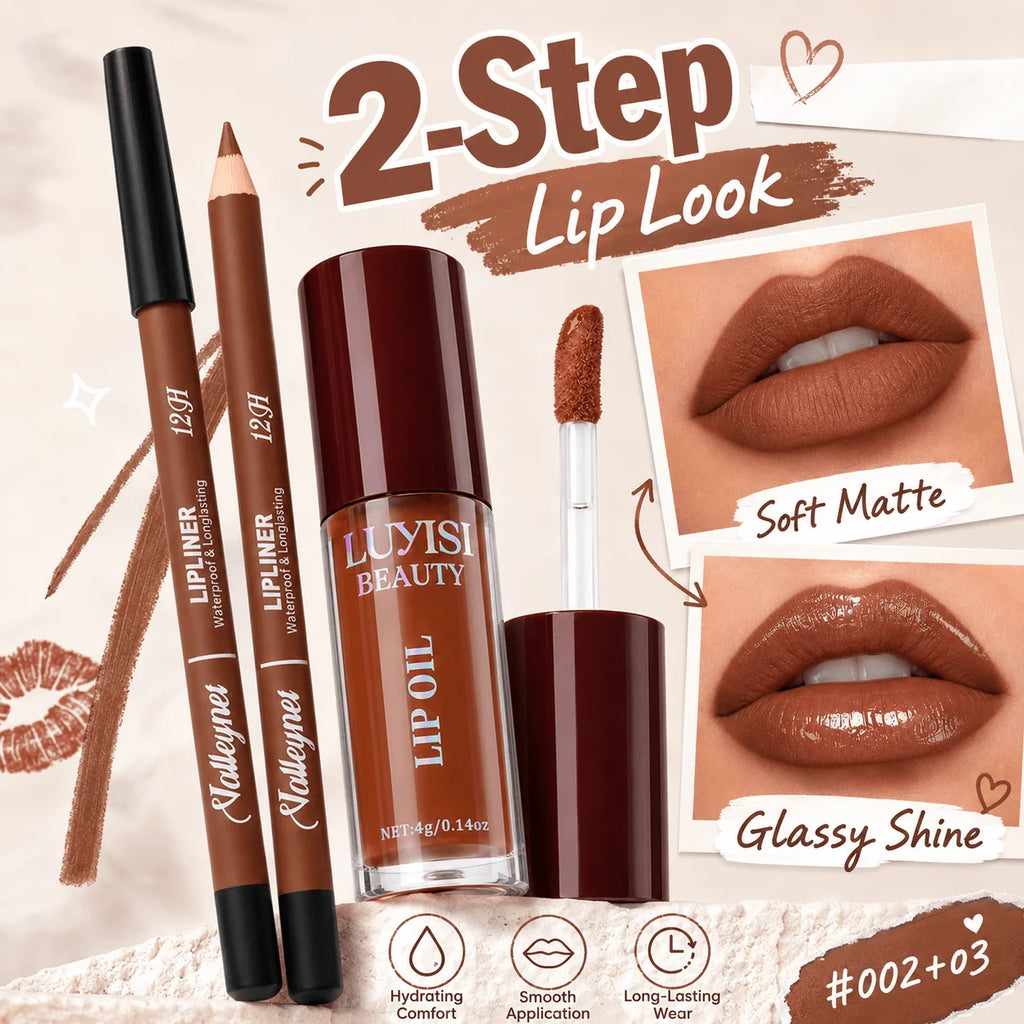 Velvet Matte Lip Liner & Glossy Hydrating Lip Oil Set – 2 Pcs Lip Makeup Set QXL