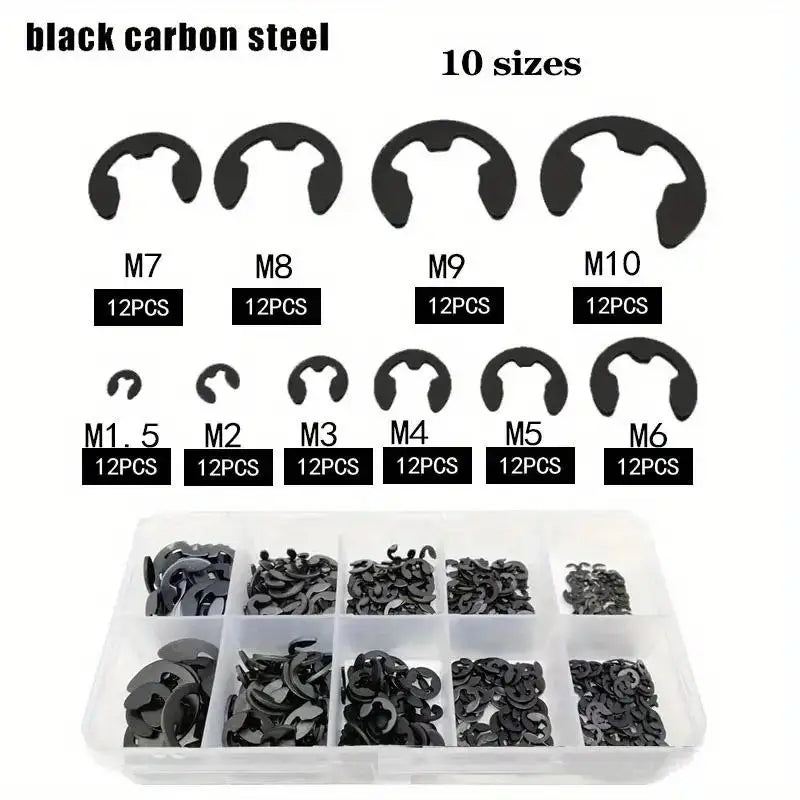 120-Pc Black Stainless Steel E-Clip Snap Ring Circlip Set M1.5–M10 Retaining Circlip Set QXL