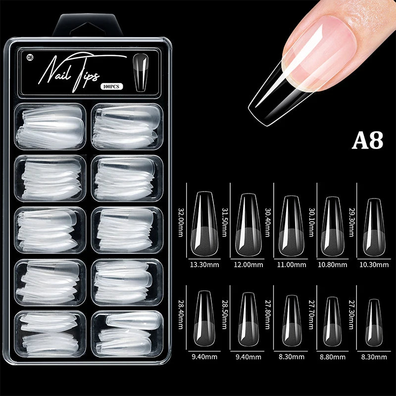100-Pc Press-On False Nail Tips | Square Coffin Almond Shapes False Nail Tips QXL A8