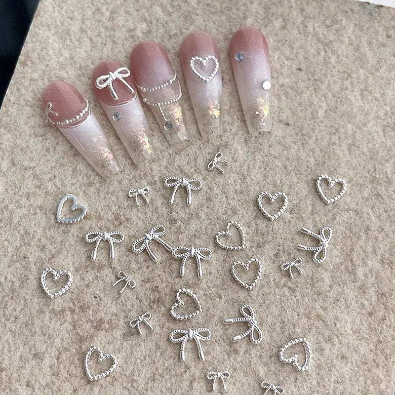 10-Pack 3D Alloy Bow & Heart Nail Art Charms | Silver Metal Nail Art Charms QXL