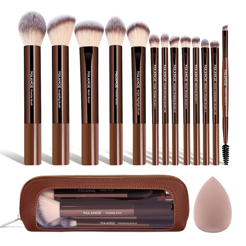 MAANGE 15-Pc Makeup Brush Set with Sponge Puff & Bag Makeup Brush Set QXL Coffee Brown