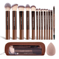 MAANGE 15-Pc Makeup Brush Set with Sponge Puff & Bag Makeup Brush Set QXL Coffee Brown