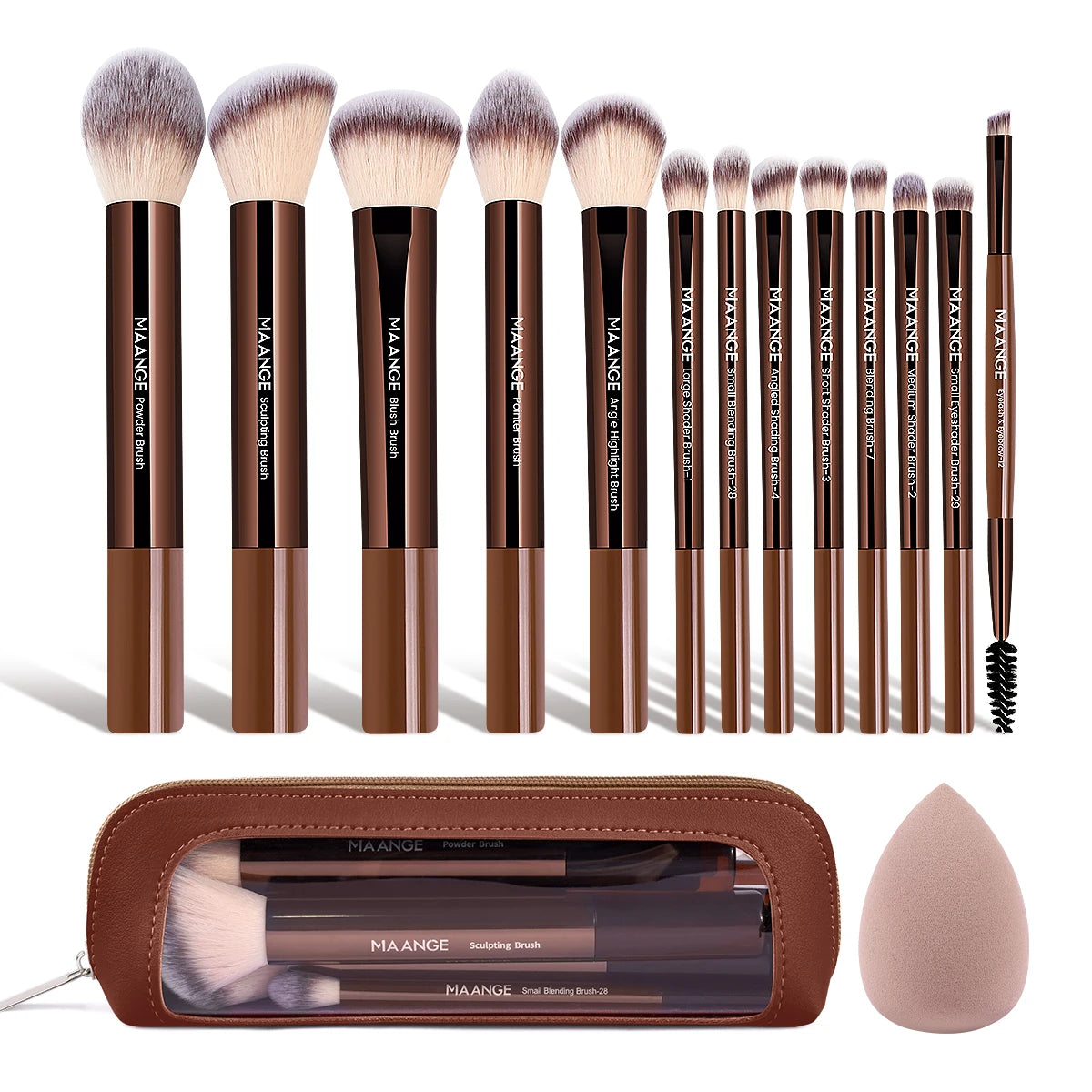 MAANGE 15-Pc Makeup Brush Set with Sponge Puff & Bag Makeup Brush Set QXL Coffee Brown