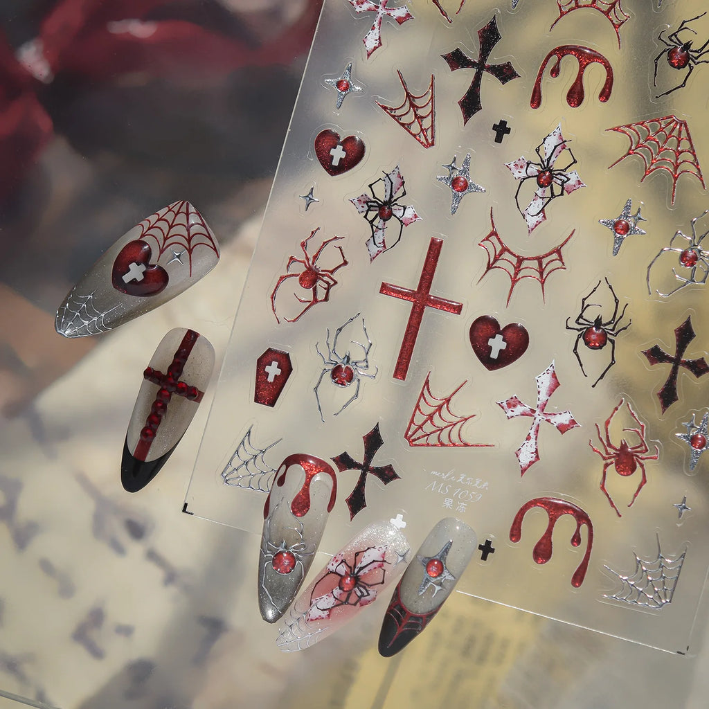 Gothic 5D Nail Stickers | Dark Red Spider Cobweb Decals DIY Nail Art Stickers QXL