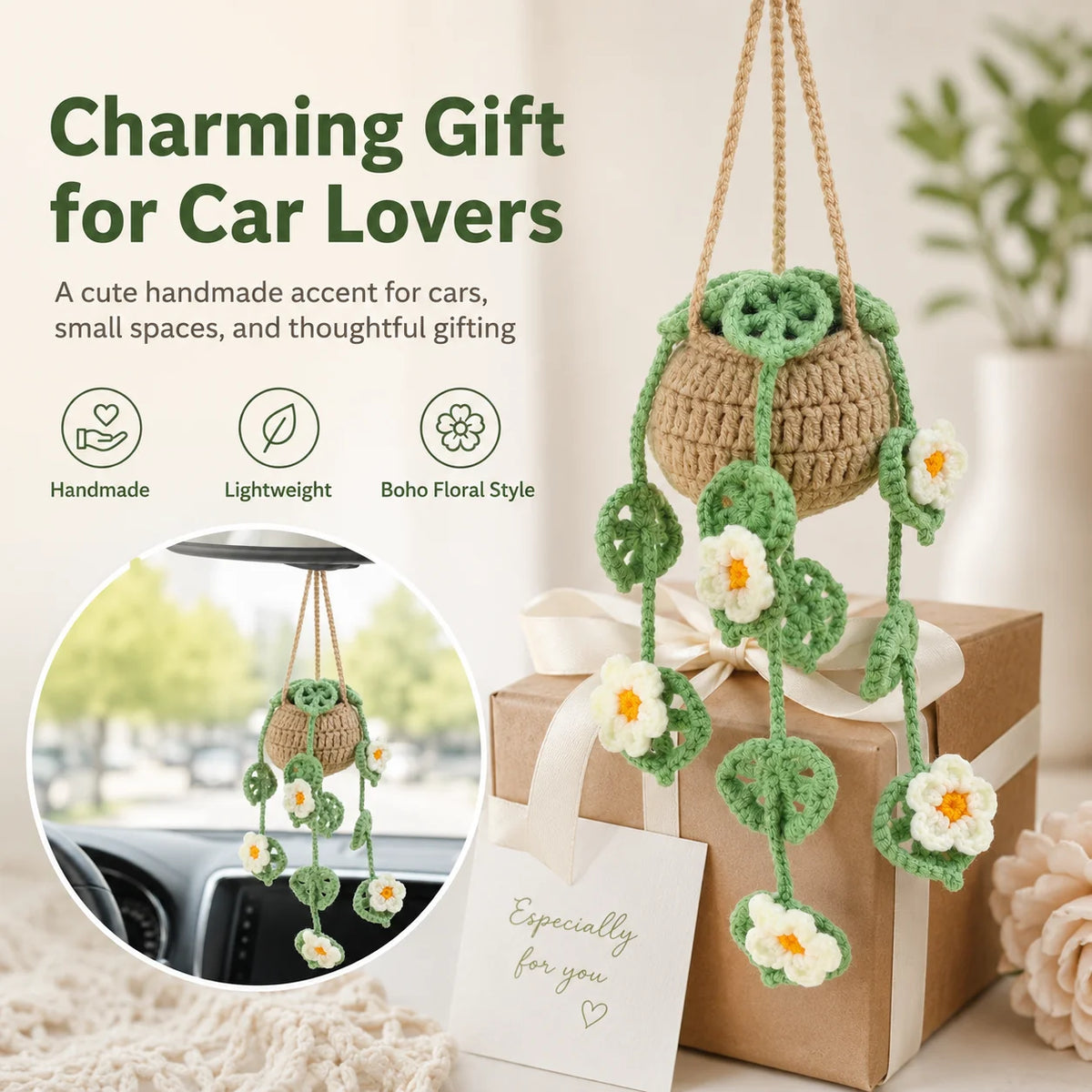 Handmade Crochet Car Hanging Plant Ornament | Boho Decor Car Hanging Ornament QXL