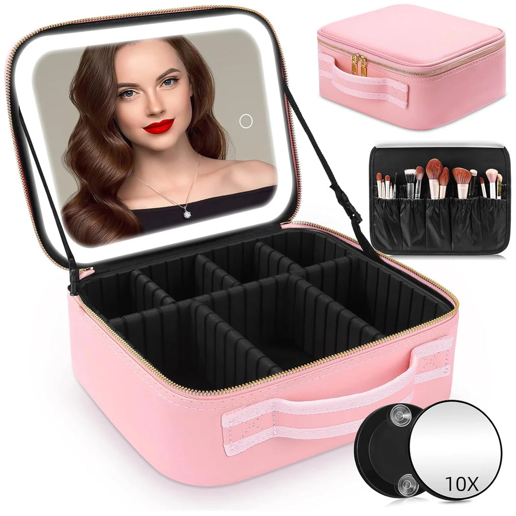 LED Travel Makeup Train Case with 10x Magnifying Mirror Makeup Train Case QXL Pink