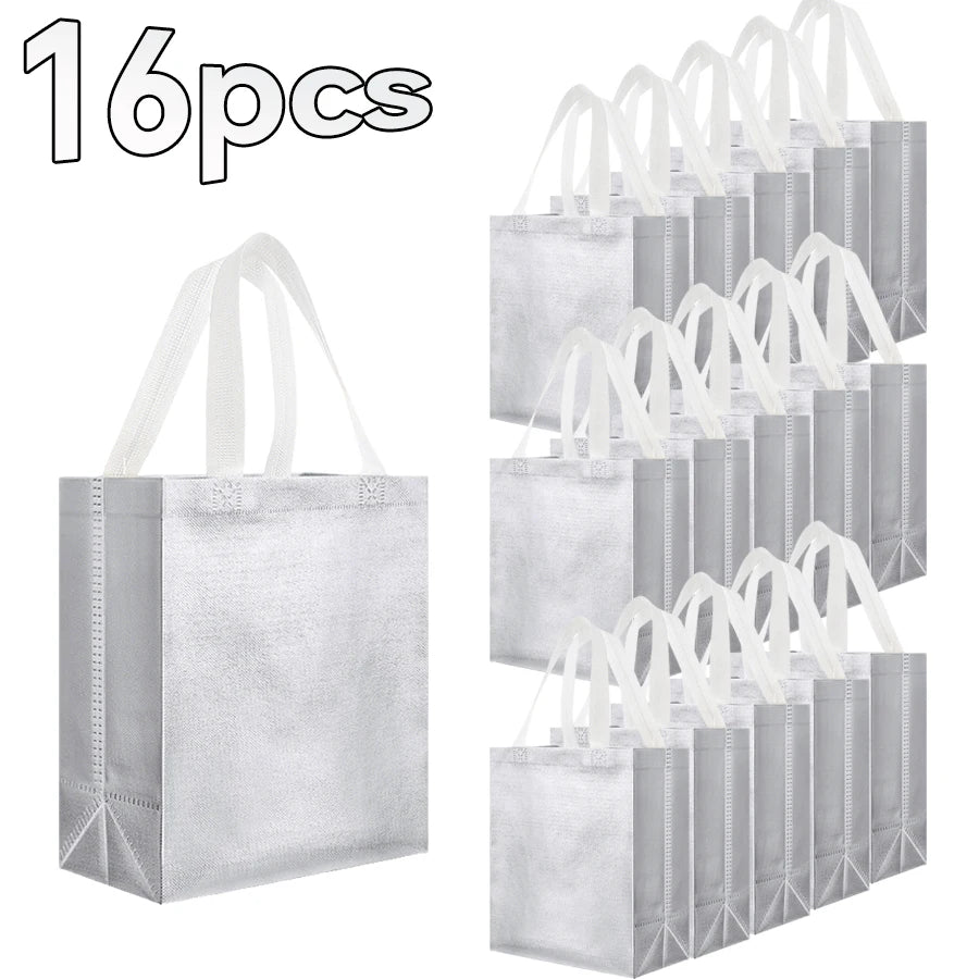 Silver Metallic Gift Bags with Handles | 8 & 16-Pack 10x4x8in Metallic Gift Bags QXL 16pcs 20X26X10cm