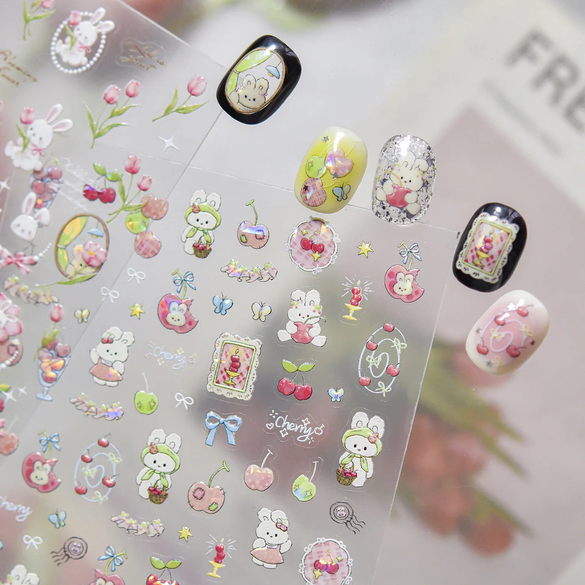 5D Spring Nail Art Stickers – Rabbit, Cherry, Tulip & Bow Nail Art Stickers QXL