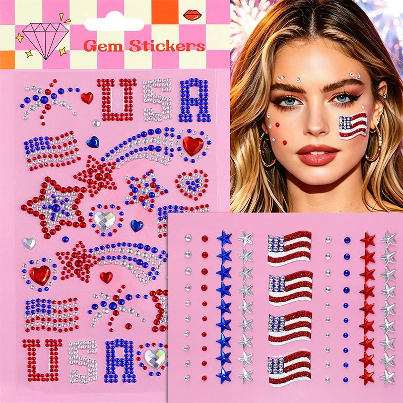 4th of July Gem Stickers – Red White Blue Star Temporary Tattoos Temporary Tattoo Stickers QXL