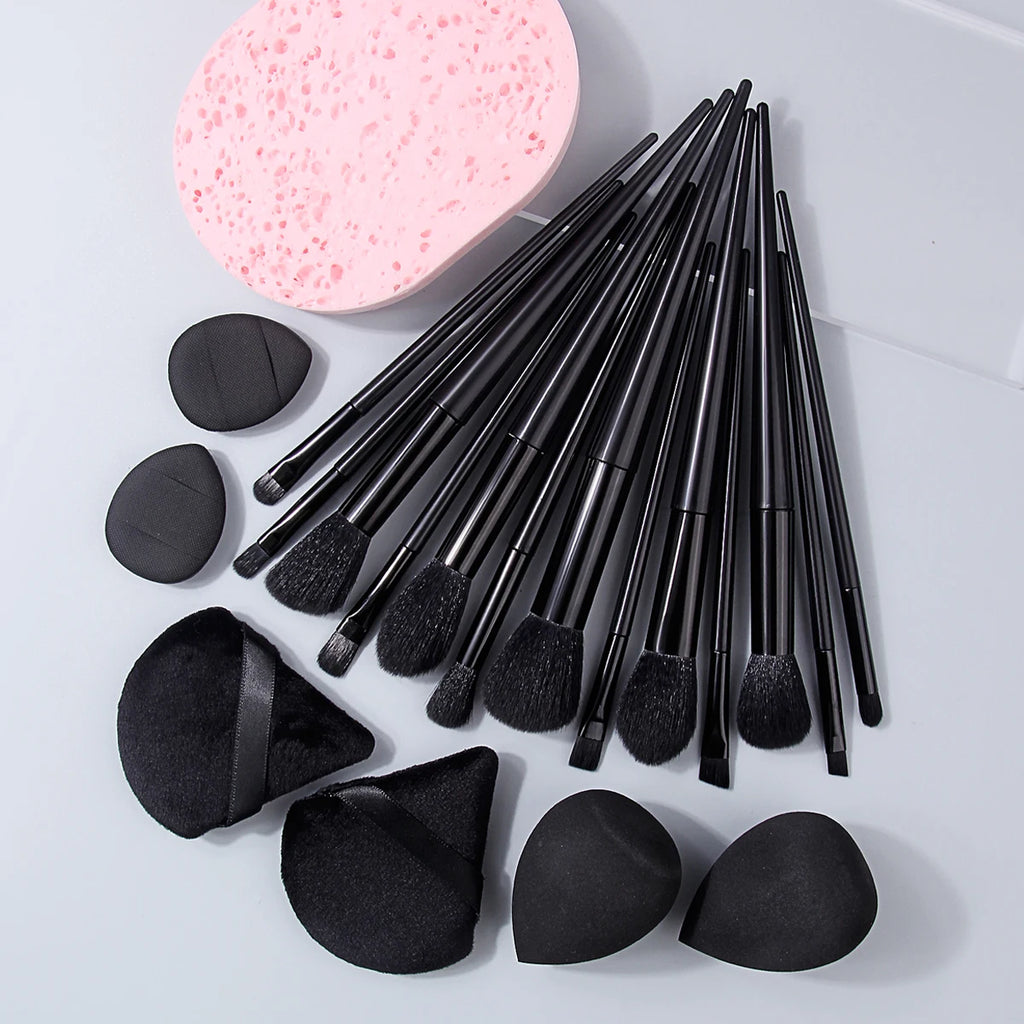 KOSSHOW 20-Pc Black Makeup Brush Set with Sponges & Puffs Makeup Brush Set QXL