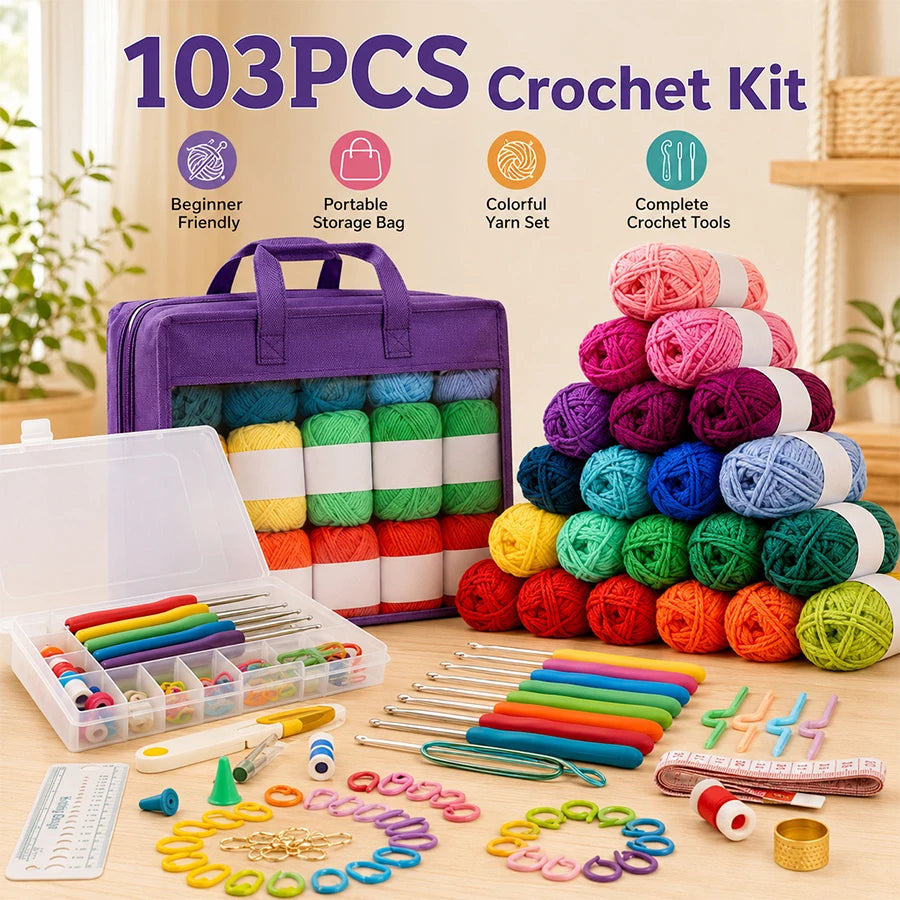 103-Piece Crochet Kit for Beginners | Hooks, Yarn & Bag Crochet Starter Kit QXL