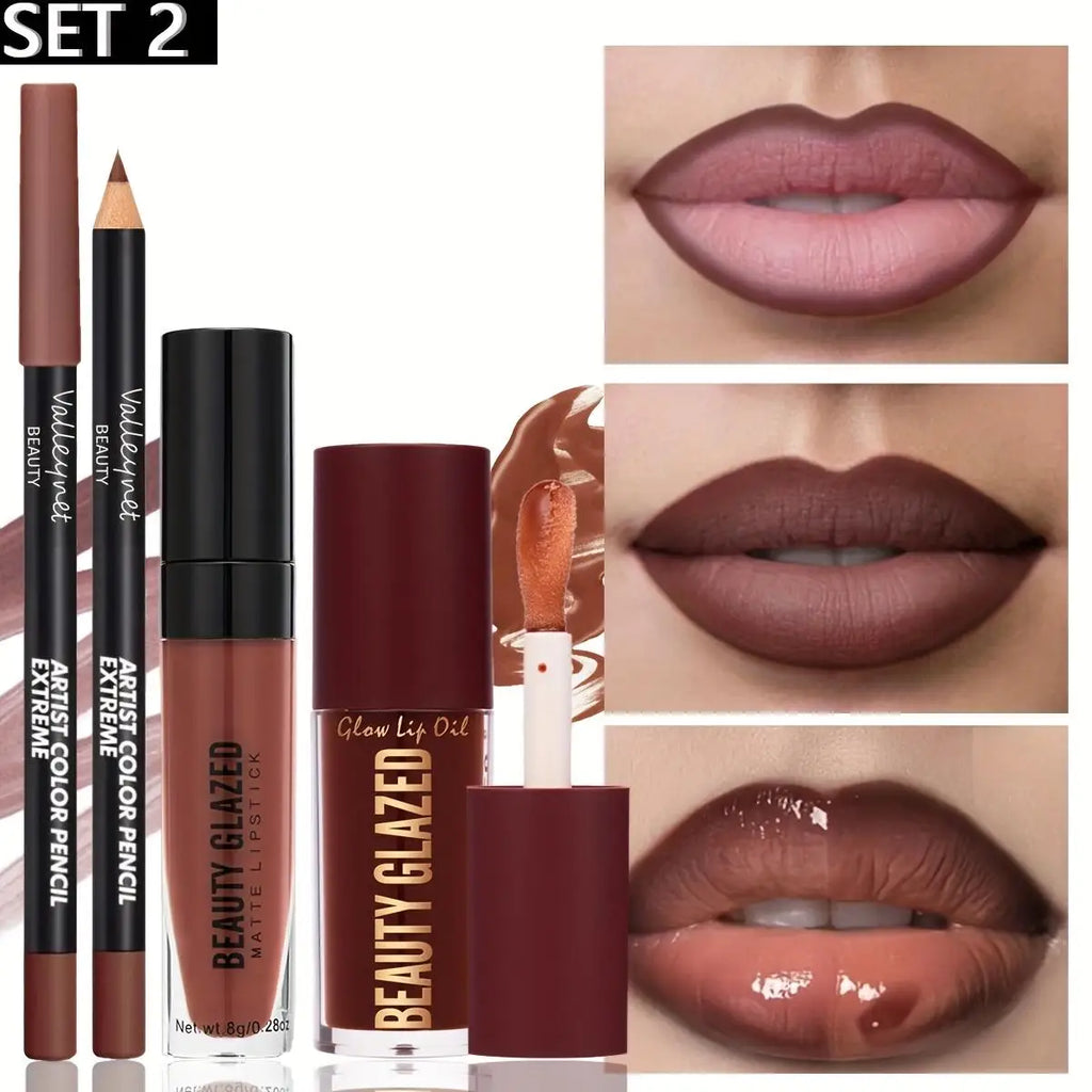Beauty Glazed 3-Pc Lip Set: Matte Liner, Lip Glaze & Lip Oil Lip Makeup Set QXL SET-2