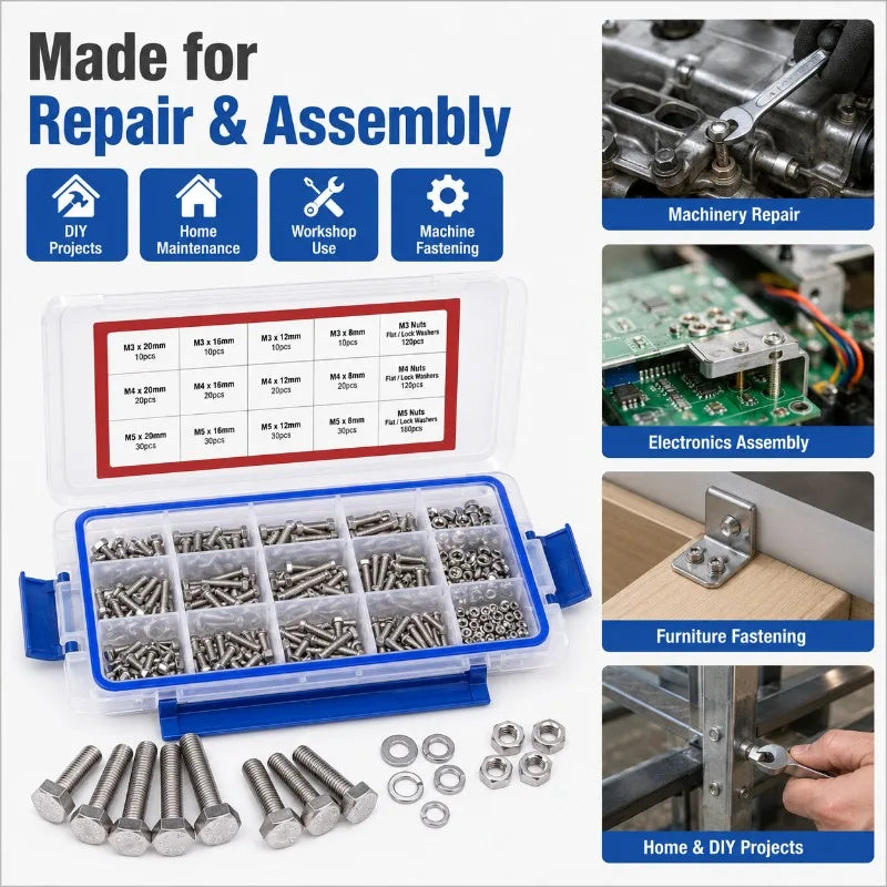 705-Pc M3 M4 M5 Stainless Steel Hex Bolts Nuts Washers Kit Fastener Assortment Kit QXL