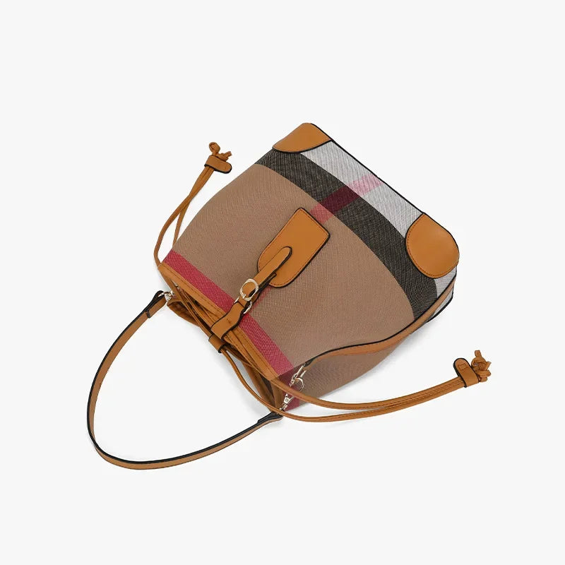 Canvas Plaid Drawstring Bucket Bag | Women's Handbag Canvas Bucket Bag QXL