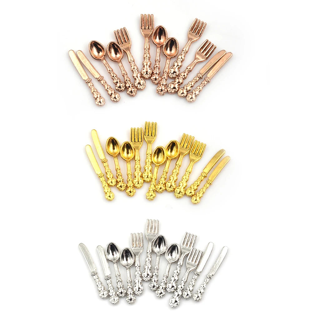 12-Pc 1:12 Dollhouse Miniature Metal Tableware | Fork Knife Spoon Dollhouse Miniature Set QXL