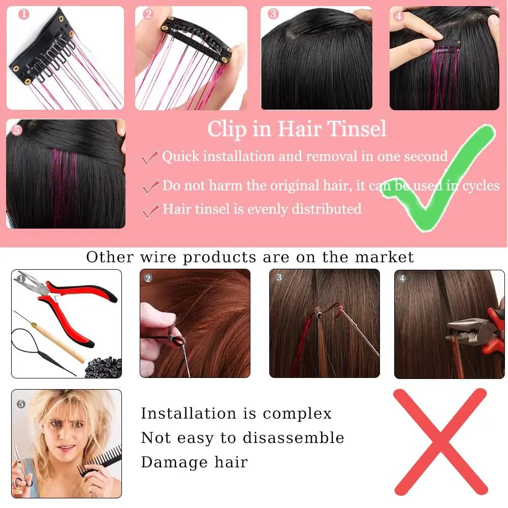 6-Pack Clip-In Shiny Hair Tinsel Extensions | 50cm Synthetic Clip-In Hair Tinsel QXL